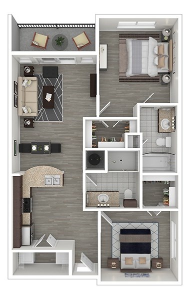 A floor plan of a two-bedroom apartment with a living room, kitchen, and bathroom.